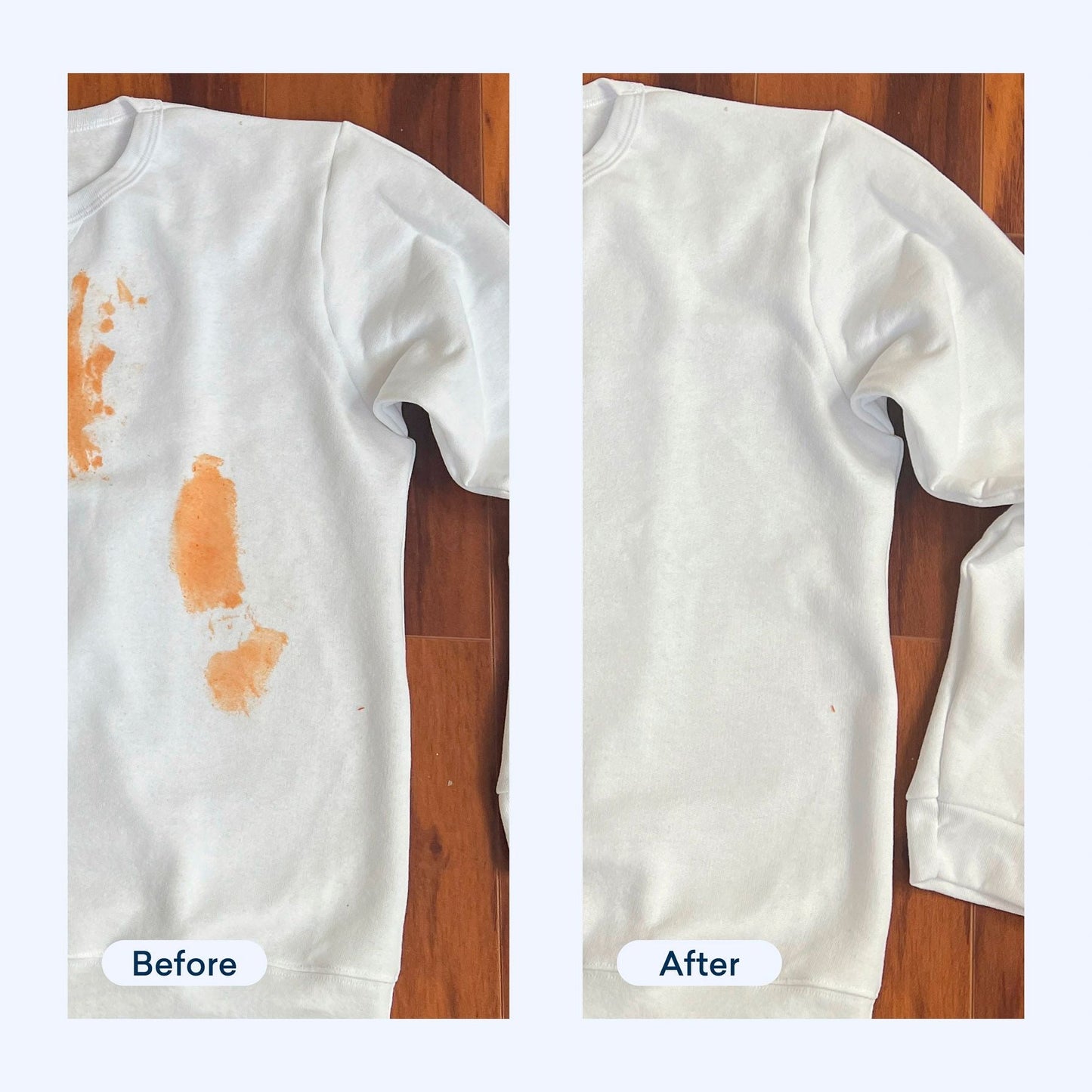 Side-by-side photos of a white sweatshirt: the left (Before) shows large orange stains, while the right (After) showcases a spotless result using the Laundry Detergent Starter Set (Bundle) for effective plant-based stain removal.