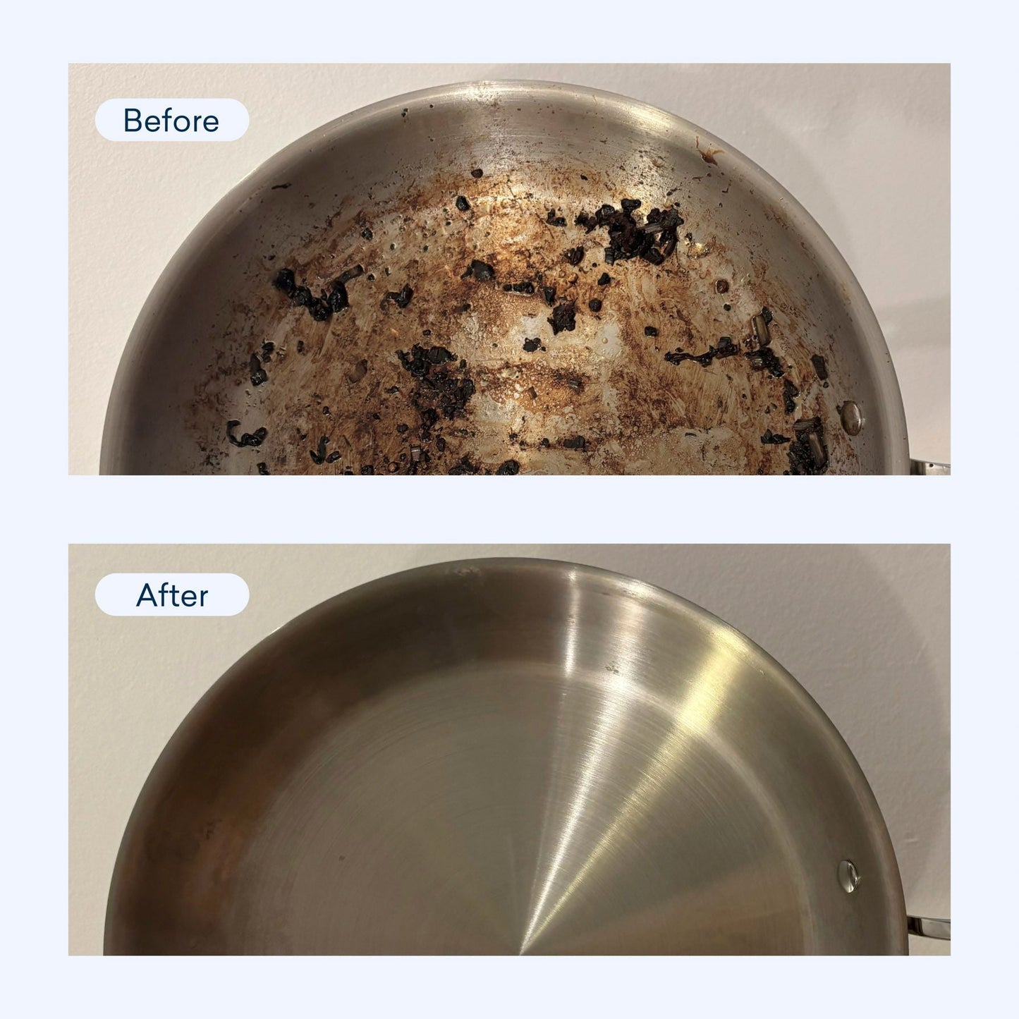 A comparison image of a pan before and after cleaning with the Dish Soap Starter Set. The top image shows the pan with burnt residue and stains, while the bottom reveals it clean and shiny. Labels Before and After are placed on the respective images.