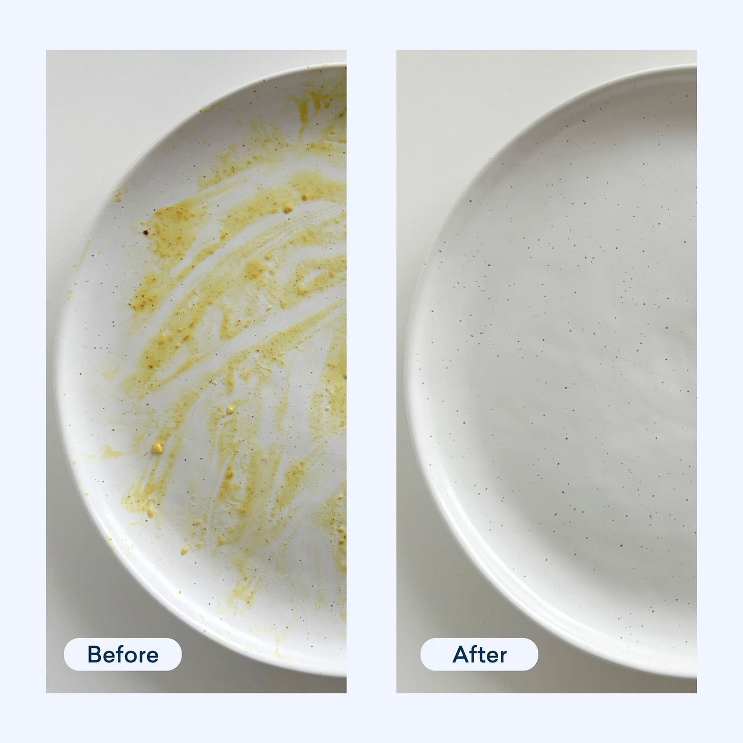 A side-by-side image displays two plates. The left one, labeled Before, is dirty with food stains, while the right one, labeled After, is clean and spotless. Thanks to Dish Duos eco-friendly cleaning with plant-based ingredients, those stubborn marks vanish effortlessly.