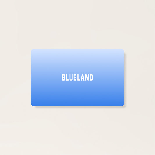 A Gift Card with a rectangle shape features a gradient from light to dark blue, transitioning from top to bottom. The word BLUELAND is centered in white on a plain soft beige paperless background.